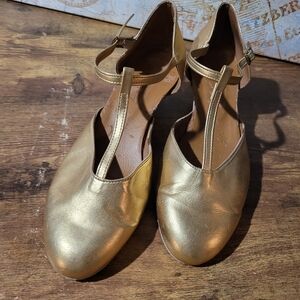 Gold Women's T-Strap Kitten Heel Shoes
